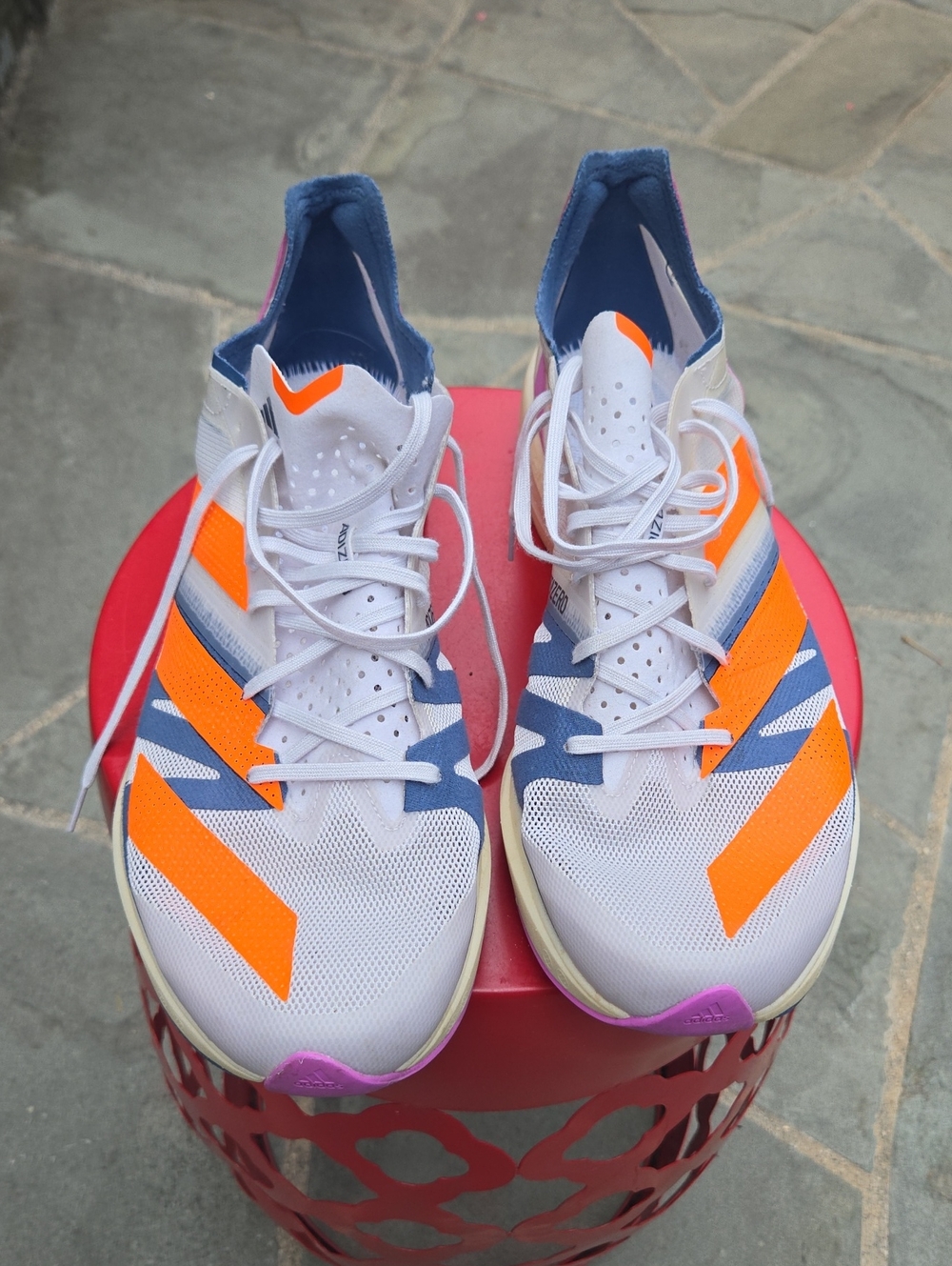 adidas White Sneakers with Orange, Blue & Purple Accents